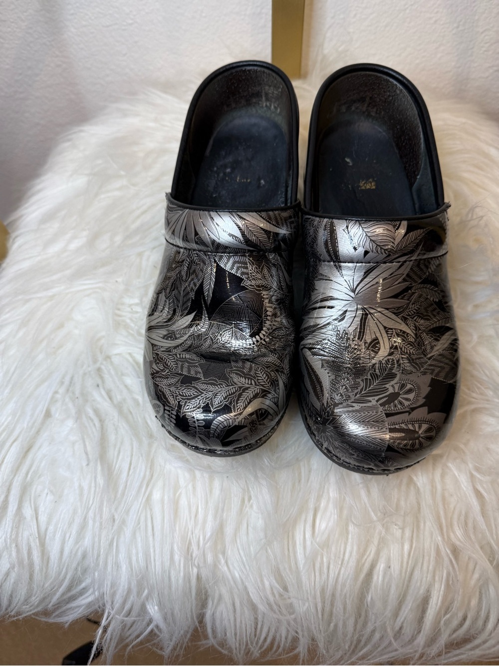 Dansko Black Clogs with Silver Leaf Accents